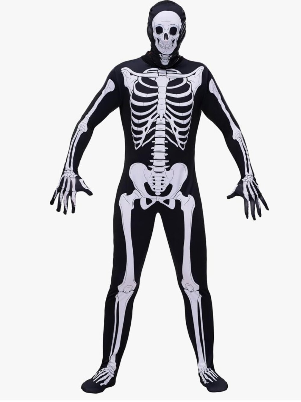 New Adult SKELETON Men's Halloween Costume Jumpsuit Skull Hood Bones MEDIUM